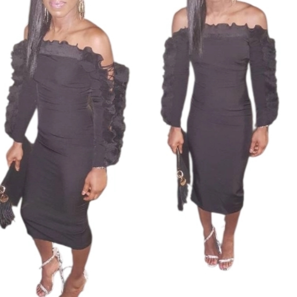 Missguided Black Off The Shoulder Ruffle Cocktail Bodycon Midi Dress Sz 2